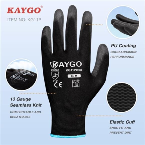 KAYGO Safety Work Gloves PU Coated,12 Pairs KG11PB Seamless Knit Glove for Men - Picture 2 of 14